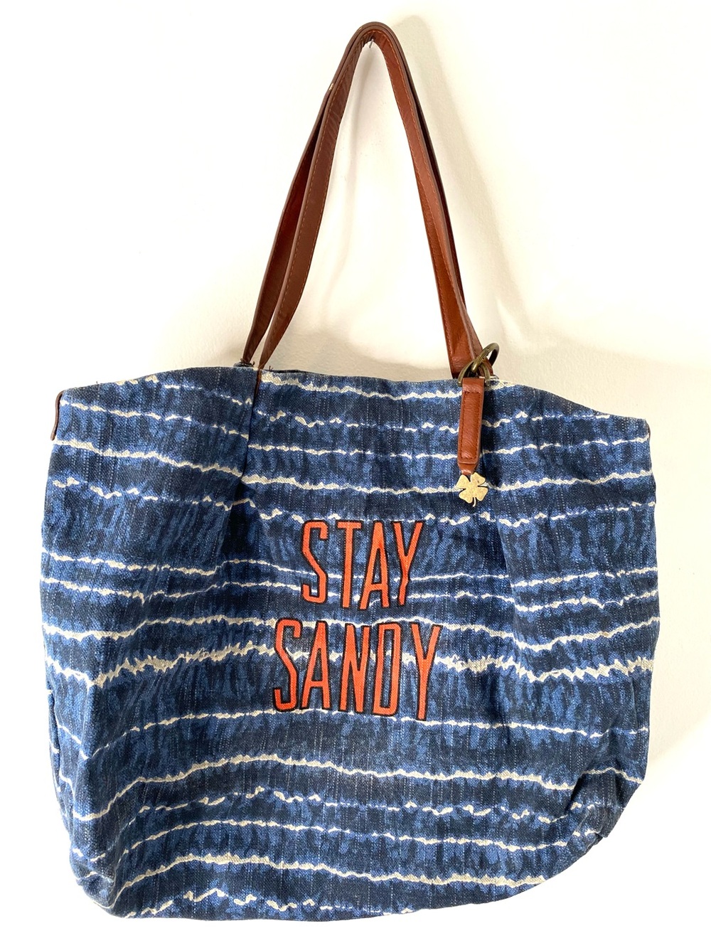 Lucky Brand Stay Sandy Linen Blend Beach Tote Shoulder Bag Blue Striped